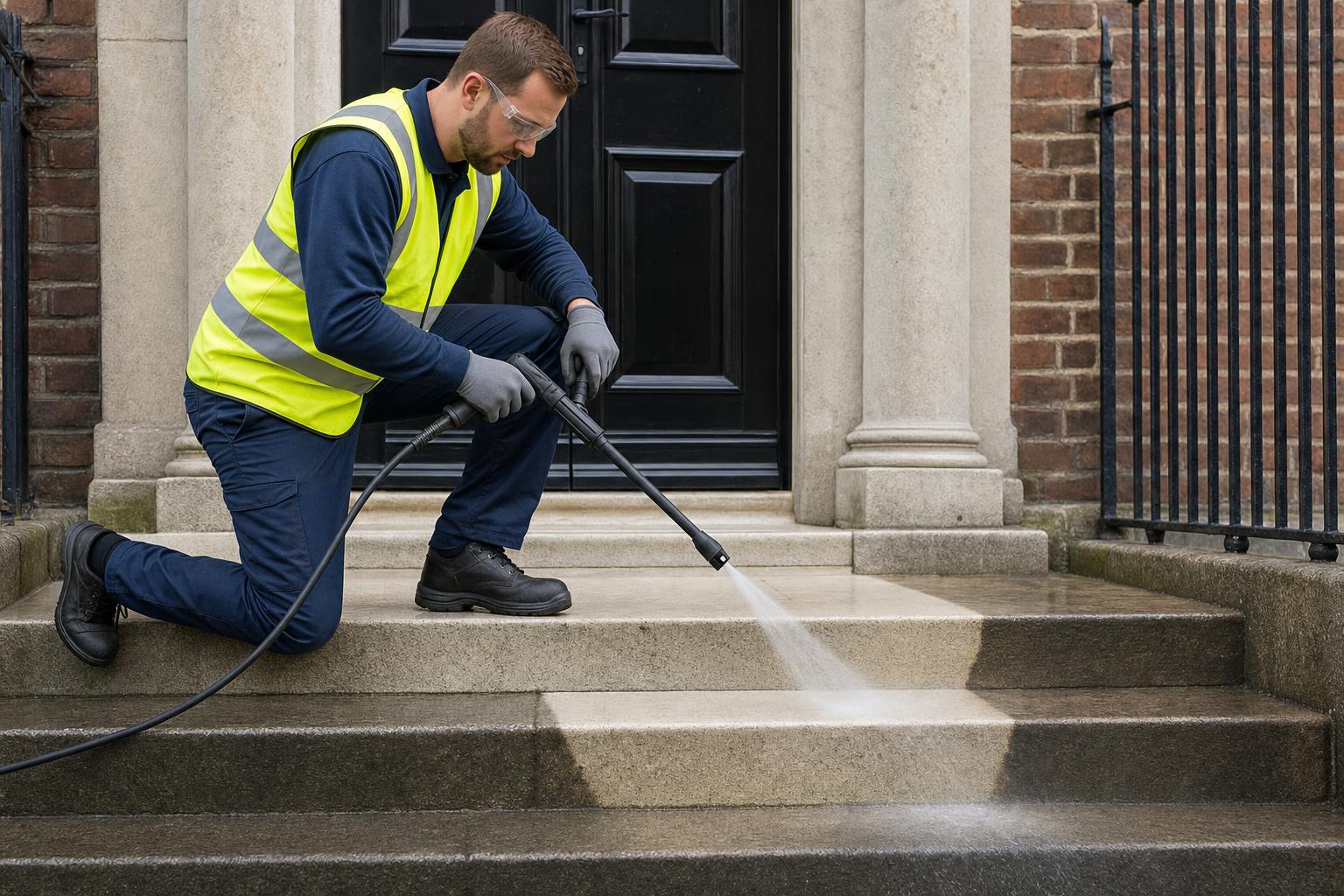 Klass Cleaning operative pressure-washing the stone steps of a Dublin Georgian doorway with a dramatic clean-versus-dirty contrast